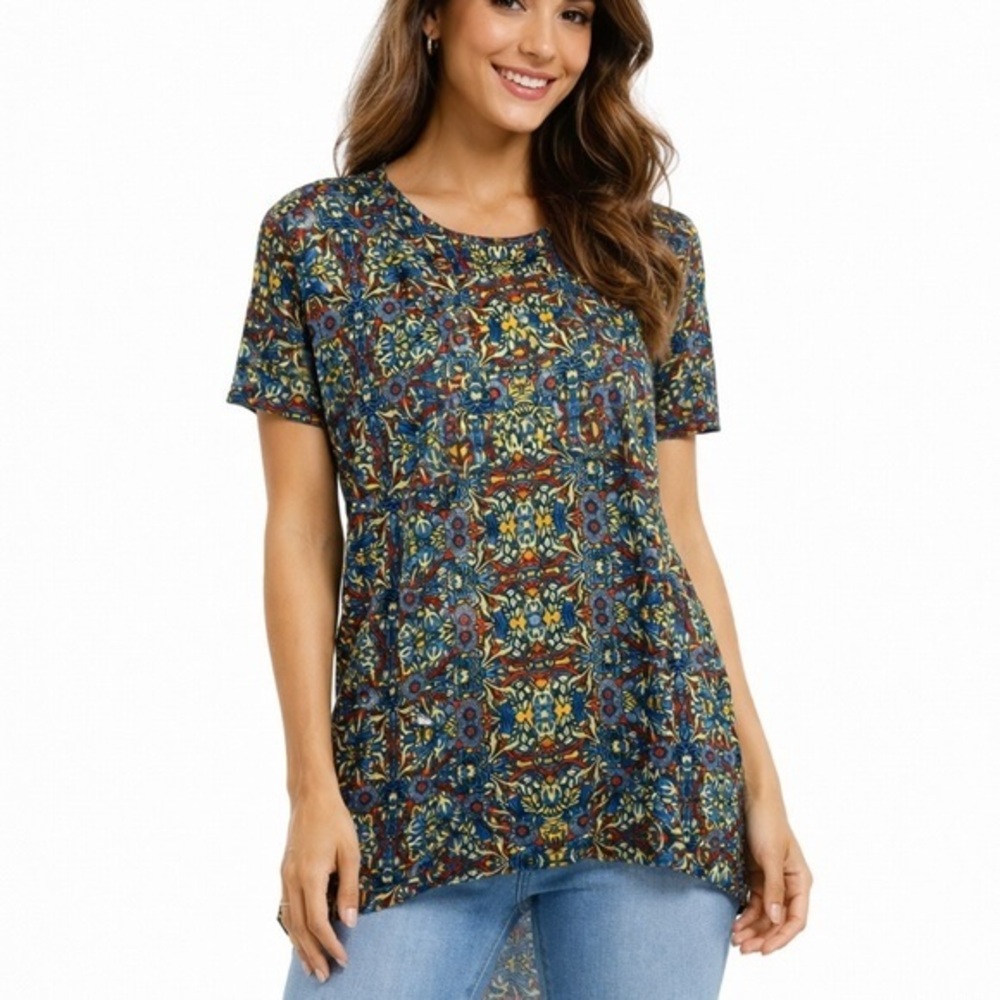 LuLaRoe Irma Tunic Top XXS Blue Yellow Kaleidoscope Floral High Low Short Sleeve